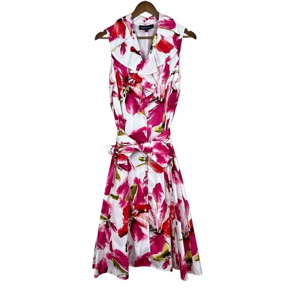 Jones New York Dress Womens 10 Pink Floral Ruffle Collar Belted Button Up A-Line - Picture 1 of 12